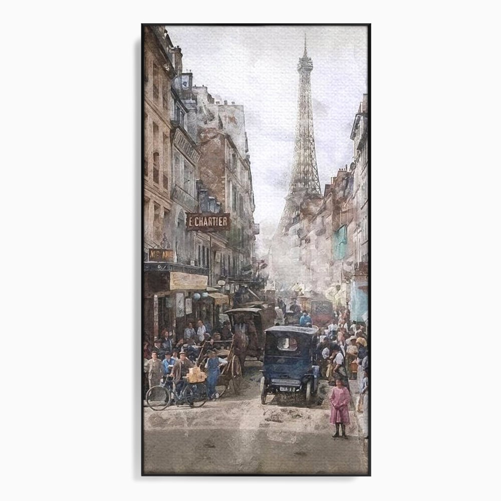 Tablou canvas cu pictura stradala cu turnul eiffel, in rama de aluminiu negru
